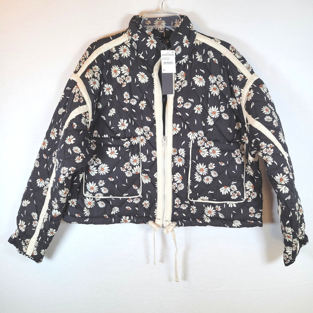 BLANKNYC Women Quilted Daisy Floral Crop Jacket Size Large Black 40DJ5921 NOK